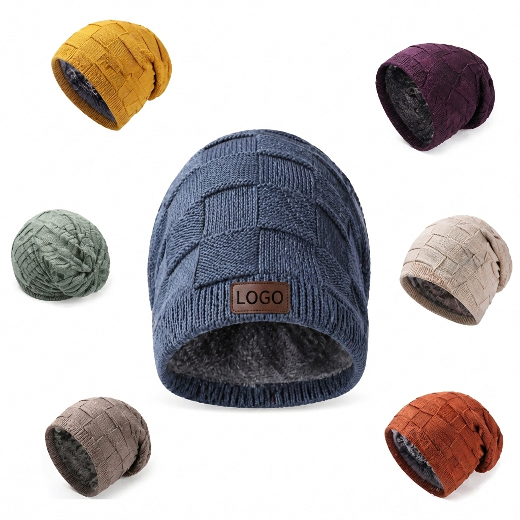 Grid-Patterned Acrylic Knit Beanie with Faux Leather Patch