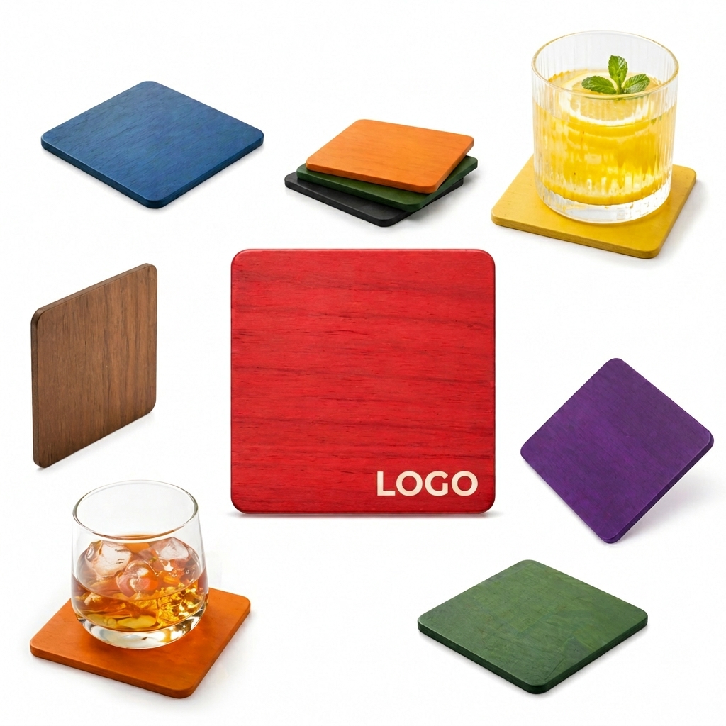 Multi-Color Beech Wood Coaster Set - 8 Piece Protective Drink Mat Collection