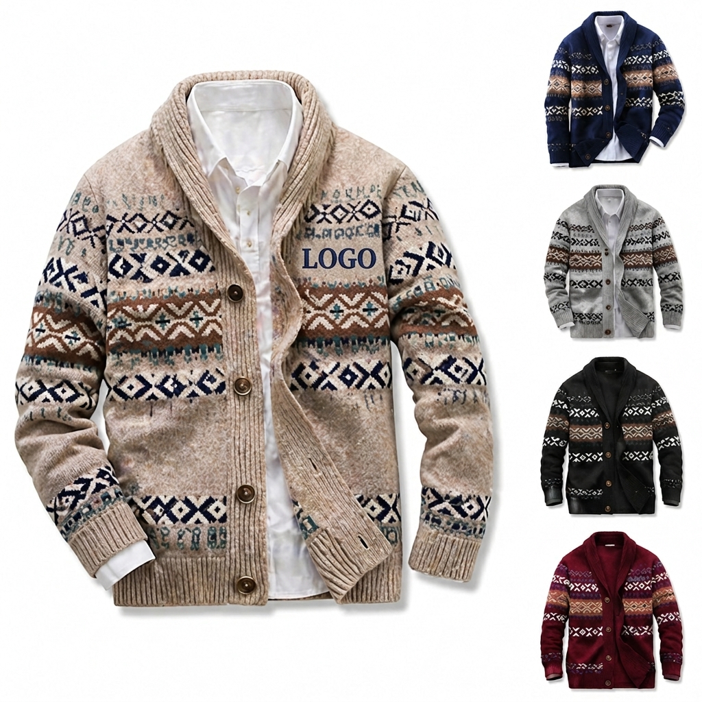 Patterned Shawl-Collar Buttoned Cardigan