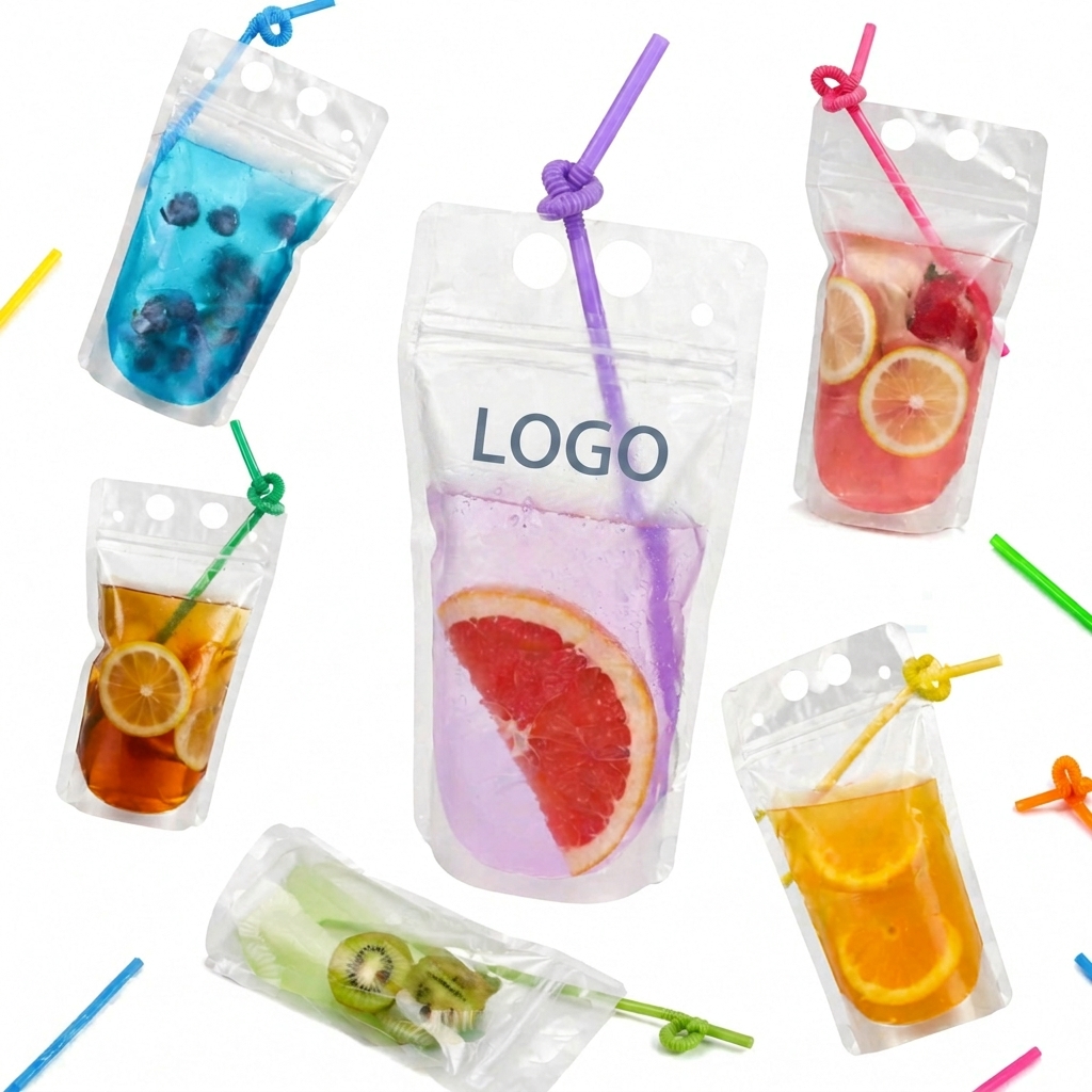 16 oz Clear Beverage Pouch with Reclosable Zipper and Flexible Straw