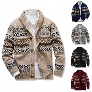 Patterned Shawl-Collar Buttoned Cardigan