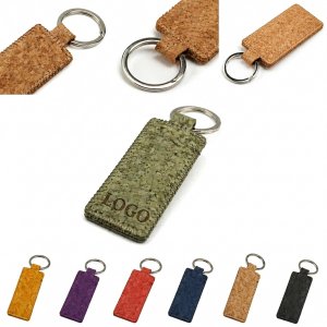 Natural Cork Rectangular Keychain with Metal Split Ring